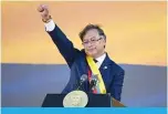  ?? —AFP ?? BOGOTA, Colombia: Colombia’s new President Gustavo Petro gestures after delivering a speech during his inaugurati­on ceremony at Bolivar Square in Bogota.