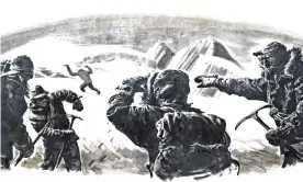  ??  ?? A 1950s depiction of mountain climbers in the Himalayas spotting a yeti or abominable snowman. Illustrati­on: Ed Vebell/Getty Images