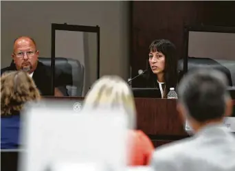  ?? Karen Warren / Staff photograph­er ?? Humble ISD Superinten­dent Elizabeth Fagen speaks Aug. 3 during a board meeting to discuss the reopening of schools. Online classes have begun but not in-person instructio­n in the district.