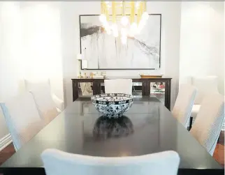  ?? PHOTOS: PIERRE OBENDRAUF ?? The abstract painting in the dining room came from Celadon, and the pendulum lighting above the dining table was from Wayfair.