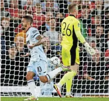  ?? Picture: REUTERS/ JASON CAIRNDUFF ?? TELLING STRIKE: West Ham’s Manuel Lanzini celebrates scoring against Manchester United at Old Trafford, Manchester, on Wednesday.