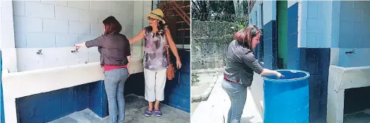  ??  ?? PELIGRO. Nohemy Ramírez, directora de la escuela Juan Lindo, y una vecina muestran las llaves sin agua potable y un barril donde suelen almacenar el líquido; pero temen que sean criaderos de zancudos.