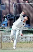  ??  ?? Tamil Union bowler Dinuk Wickremaar­achchi in action against Bloomfield