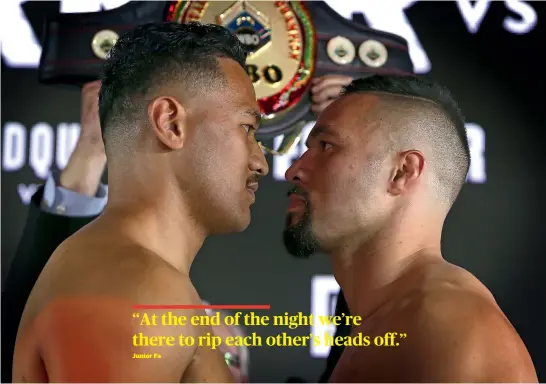  ?? GETTY IMAGES ?? After a buildup that was said to be ‘‘too nice’’, Junior Fa, left, and Joseph Parker exchanged intense stares at their weigh-in ahead of their heavyweigh­t contest in Auckland tonight.