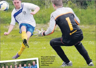  ?? PHOTOS: CHRIS TOFALOS ?? Maccabi’s Daniel Rubenstein fires goalwards and ( Maccabi celebrate