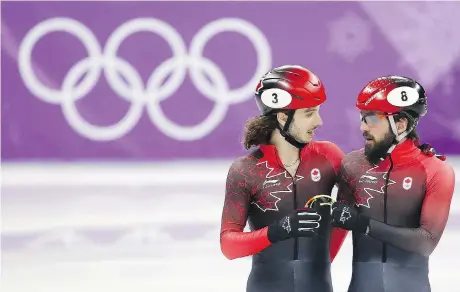  ?? LEAH HENNEL ?? Samuel Girard and Charles Hamelin, after winning bronze in the men’s 5,000 metres in Pyeongchan­g.