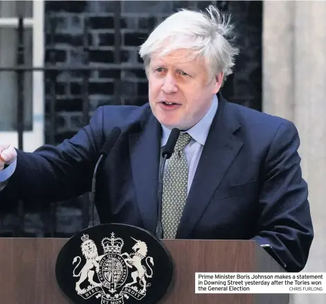  ?? CHRIS FURLONG ?? Prime Minister Boris Johnson makes a statement in Downing Street yesterday after the Tories won the General Election