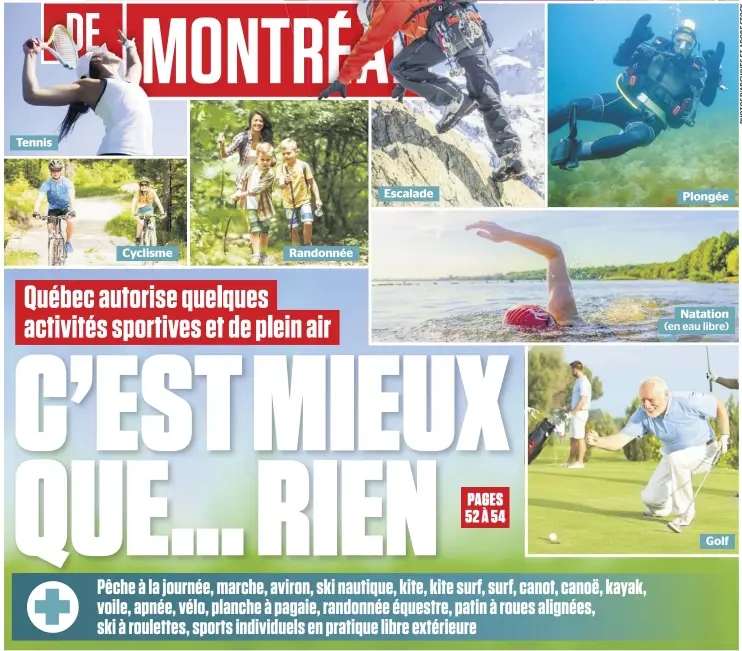  ??  ?? Tennis
Cyclisme
Randonnée
Escalade
Plongée Natation (en eau libre)
Golf