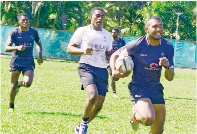  ?? Fijian National 7s reps from right: Waisea Nayacalevu, Viliame Mata and Sevuloni Mocenacagi during training at the Uprising Beach Resort yesterday. Photo: Paulini Ratulailai ??