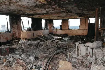  ?? Metropolit­an Police via AP ?? A police photo released Sunday shows an apartment in the Grenfell Tower after fire engulfed the 24-story building in London. Experts believe the exterior cladding, which contained insulation, helped spread the fire.