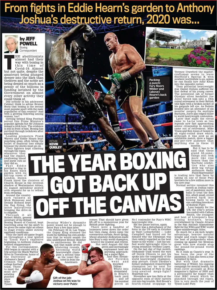  ??  ?? PICTURE: KEVIN QUIGLEY
Gift of the jab: Joshua on his way to victory over Pulev
Packing a punch: Fury floors Wilder and (above) Hearn’s back garden