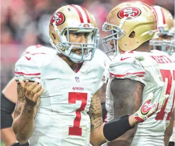  ?? MATT KARTOZIAN, USA TODAY SPORTS ?? Colin Kaepernick, who has made back-to-back NFC title game starts, has had mixed results for the 49ers with a 70.2% completion percentage but three intercepti­ons, all in a Week 2 loss.