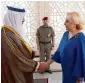  ?? AFP ?? Kuwaiti Prime Minister Sheikh Jaber Al Mubarak Al Hamad Al Sabah greets his Romanian counterpar­t Viorica Dancila in Kuwait City. —