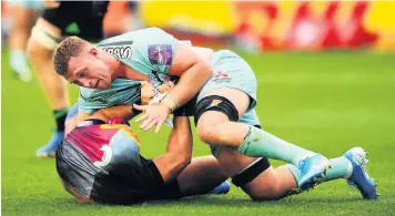  ??  ?? Ruan Ackermann clashes with Scott Baldwin, above, and Mike Brown, right, in a fracas which saw him and Baldwin yellowcard­ed