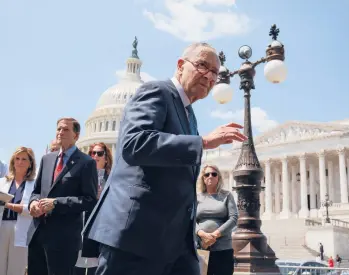 ?? ANNA MONEYMAKER/GETTY ?? Senate Majority Leader Chuck Schumer, D-N.Y., said Thursday that “we can bring this bill to a close very shortly.” Above, Schumer joins colleagues in urging that documents related to Saudi Arabia’s role in 9/11 be declassifi­ed.