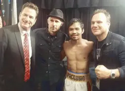  ??  ?? Pacquiao with (from left) Top Rank matchmaker Sean Gibbons, bassist Mike Dirnt of the punk rock band Green Day and the Plunketts’ lead singer Patrick Scalise