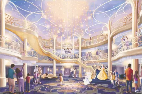  ??  ?? The three-storey atrium of the new Disney Wish cruise ship will be a bright, airy and elegant space inspired by the beauty of an enchanted fairy tale.