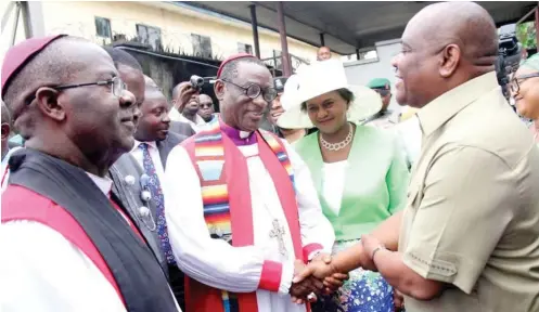  ?? Photo: NAN ?? From right: Gov. NyesomWike of Rivers; Deputy Governor Ipalibo Harry Banigo; Archbishop of Niger Delta Province, Most Rev Ignatius Kattey and Anglican Bishopof Evo Diocese, Rev Innocent Ordu during the 57th independen­ce Church service at the Saint Mark's Anglican Church Port Harcourt yesterday.