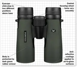  ??  ?? Eyecups click-stop in two different positions above base
Body is protected by dark green rubber armour
Central focusing wheel turns very smoothly
Antireflec­tive coatings applied to air-to-glass surfaces