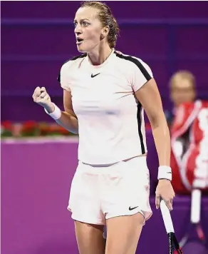 ?? — AFP ?? Czechmate: Petra Kvitova of the Czech Republic reacting after scoring against Caroline Wozniacki of Denmark in the semi-finals of the Qatar Open on Saturday.