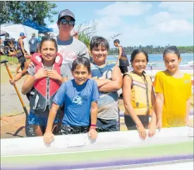  ??  ?? Team Tai Kotuku midgets used the regatta as a build-up for the upcoming waka ama national sprint championsh­ips. From back left, Jacqui Apiata Coyne (coach/ steerer), Toni Tango, Nikau Taituha, Stacey George, Hawaiki Taituha and Temepara Apiata.