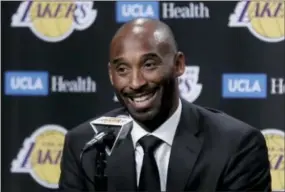  ?? CHRIS CARLSON — THE ASSOCIATED PRESS ?? Kobe Bryant talks during a news conference before Monday’s game between the Lakers and Warriors. Bryant had his jersey retired during halftime.
