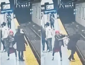  ?? TORONTO TRANSIT CORP. VIDEO ?? A still from video obtained by the Star shows an incident that ended in a woman falling to the tracks at Bloor-Yonge Station.