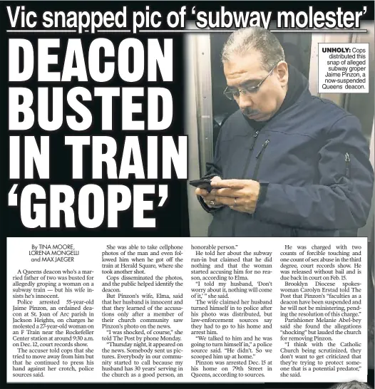  ??  ?? UNHOLY: Cops distribute­d this snap of alleged subway groper Jaime Pinzon, a now-suspended Queens deacon.