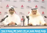  ??  ?? Faisal Al-Hamad, NBK Capital’s CEO and Jassim Mustafa Boodai, Chairman and CEO of Integrated Holding Company speaking at the press conference.