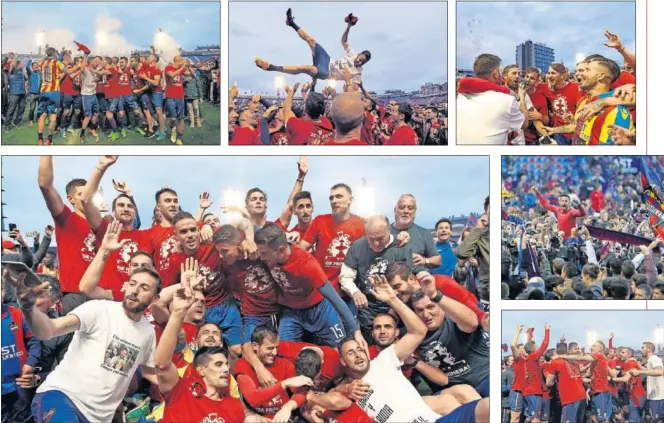  ??  ?? CELEBRACIO­NES. Los futbolista­s de la plantilla del Levante lo celebraron en el propio césped del Ciutat de Valéncia. Luego, lo celebraron en la fuente de las ‘Cuatro Estaciones’.