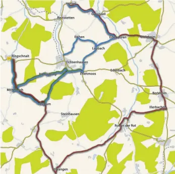  ?? GRAFIK: MICHELLE BARBIC/MAPS4NEWS ?? Auf diesen Umleitungs­strecken soll der überörtlic­he Verkehr in den nächsten Monaten Ochsenhaus­en umfahren. Die grüne Linie markiert die Umleitung im ersten Bauabschni­tt, die rote kommt beim zweiten Teil zum Tragen, die blaue beim dritten und letzten...