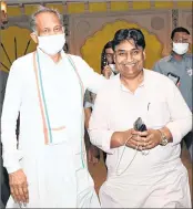  ??  ?? Rajasthan CM Ashok Gehlot with newly elected Rajasthan Congress President Govind Singh Dotasara in Jaipur on Tuesday. —ANI