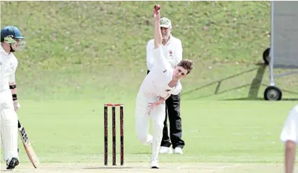  ?? Picture: JACKIE CLAUSEN ?? ON ITS WAY: Kingswood College first team bowler Jack Collett in action against Hellenic Academy from Zimbabwe during the Makhanda Schools’ Cricket Festival at the weekend. In this match, Collett took three wickets for 10 runs, and in Kingswood’s match against Peterhouse School, also from Zimbabwe, he returned the figures of 4 for 33. Kingswood emerged victorious against Hellenic Academy by six wickets. Ten schools took part in the annual cricket festival.