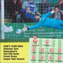  ??  ?? SAM’S YOUR MAN: Defender Sam Habergham’s free-kick beats Forest Green keeper Sam Russell