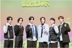  ?? Courtesy of KOZ Entertainm­ent ?? BOYNEXTDOO­R members pose during a press event at Yes24 Live Hall in Gwangjin District, Seoul, Monday.