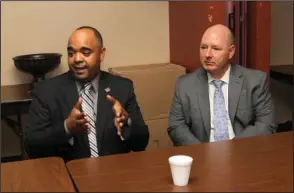  ?? The Sentinel-Record/Richard Rasmussen ?? NEXT GENERATION: Keene, Texas, Police Chief Emmitt Jackson, left, and Lake Dallas, Texas, Police Chief Dan Carolla, co-founders and owners of Next Generation Policing, discuss their organizati­on’s training curriculum which all Hot Springs police employees from sworn officers to civilian employees completed during sessions held Monday through Wednesday.