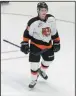  ?? NEWS PHOTO RYAN MCCRACKEN ?? Medicine Hat Tigers centre Brett Kemp celebrates after scoring a goal in a Western Hockey League game against the Regina Pats at the Canalta Centre on Friday.