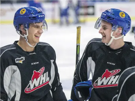  ?? LIAM RICHARDS ?? Newcomers Zach Huber, left, and Gary Haden get acclimated to their new surroundin­gs at Sasktel Centre in Saskatoon on Wednesday.