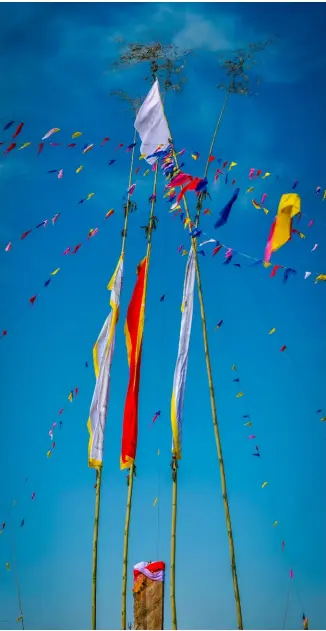  ??  ?? RIGHT Photo of bamboo sticks with colourful cloth near Pathivara Devi Temple in Nepal