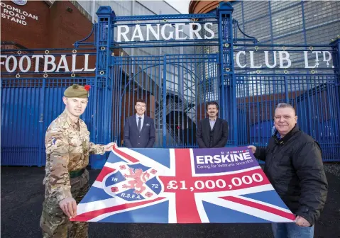  ??  ?? Gordon Smith joined Black Watch squaddie Callum Robson, Erskine chief executive Ian Cumming and RSEA secretary Tom Clark at Ibrox, while below left, Harold Davis, and below, Callum with the first RSEA badge