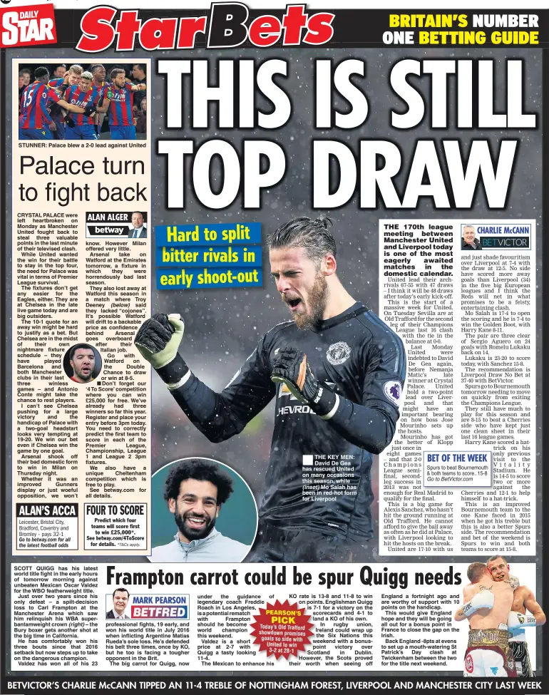  ??  ?? THE KEY MEN: David De Gea has rescued United on many occasions this season, while (inset) Mo Salah has been in red-hot form for Liverpool