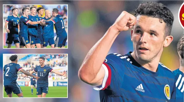  ??  ?? MIGHTY MCGINN: John McGinn at full-time against Cyprus after, insets top to bottom, celebratin­g the winning goal and Ryan Christie is all smiles after notching the opener