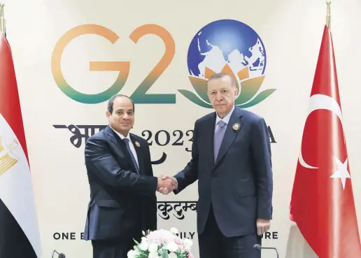  ?? ?? President Recep Tayyip Erdoğan (R) and Egyptian President Abdel-Fattah el-Sissi meet on the sidelines of the G-20 summit, New Delhi, India, Sept. 10, 2023.