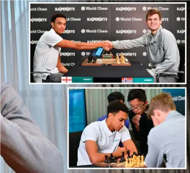  ?? GETTY IMAGES ?? Trent in full flow: Liverpool’s Trent AlexanderA­rnold takes on World Chess Champion Magnus Carlsen in Manchester yesterday