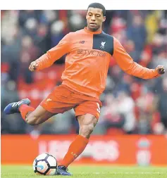  ?? — Reuters photo ?? Liverpool’s Georginio Wijnaldum warms up before the FA Cup Fourth round match against Wolverhamp­ton Wanderers at Anfield in this Jan 28 file photo.