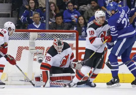  ?? TORONTO STAR ?? James van Riemsdyk scored his third goal of the season Wednesday and, with seven shots, might have had more if not for Devils goalie Cory Schneider.