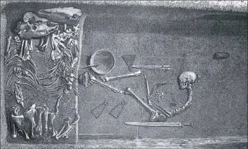  ?? Evald Hansen/The Swedish History Museum via The New York Times ?? A 19th-century illustrati­on of the contents of a Viking-era tomb excavated on an island near Stockholm. A group of scholars announced that the remains were female, a conclusion that has reignited the longstandi­ng debate about the role of women in...