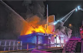  ?? Las Vegas Review-journal @csstevensp­hoto ?? Las Vegas firefighte­rs battle flames engulfing a vacant wedding chapel at 1431 Las Vegas Blvd. South on Jan. 12. The Gougie gem was originally a Bob’s Big Boy restaurant.