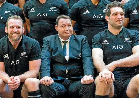  ?? GETTY IMAGES ?? The power beside the throne. Sam Whitelock (right) sits alongside All Blacks coach Steve Hansen and captain Kieran Read at a team photo in Christchur­ch before leaving for Australia.