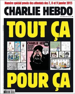  ??  ?? Pièce à conviction. À la veille du procès des attentats de 2015, « Charlie Hebdo » a republié les caricature­s de Mahomet qui avaient fait du journal la cible des islamistes.